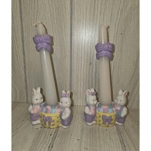 Vtg Hermitage Pottery Easter Candle Holders Bunny Rabbits Easter Basket Set Of 2